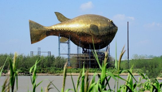 昨天，揚(yáng)中市西沙島，正在施工的河豚塔金光閃閃