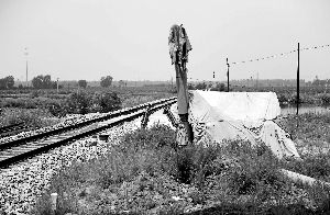 6月30日， 農(nóng)戶用搭建的窩棚和電線桿阻擋了鐵路的施工。新華社發(fā)