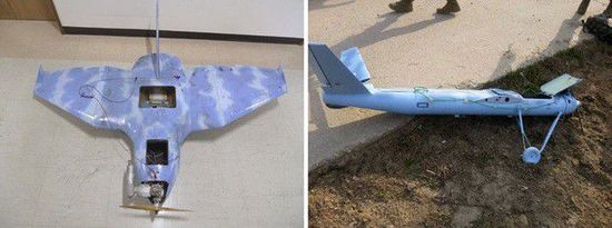 左圖為3月24日在韓國首爾北部墜毀的無人機，右圖為3月31日在韓國西部海域白翎島墜毀的無人機