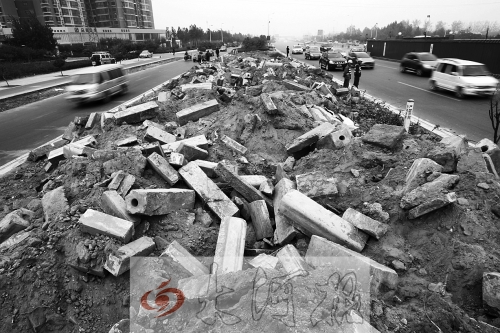 中州大道部分路段，綠化帶成了垃圾場(chǎng)。