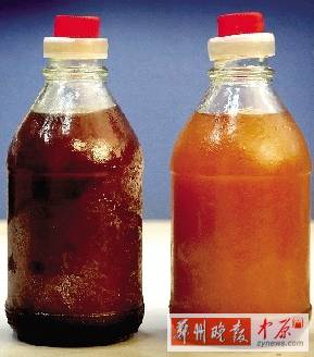 兩種油的顏色差別很大。（左為真）