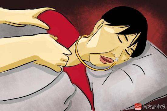 妻子張津華再沒能醒來，這個正處盛年、愛美又能干的女人變?yōu)榱酥参锶?，在床上一躺九年，容顏已枯朽。（畫作者：羅逸爵）