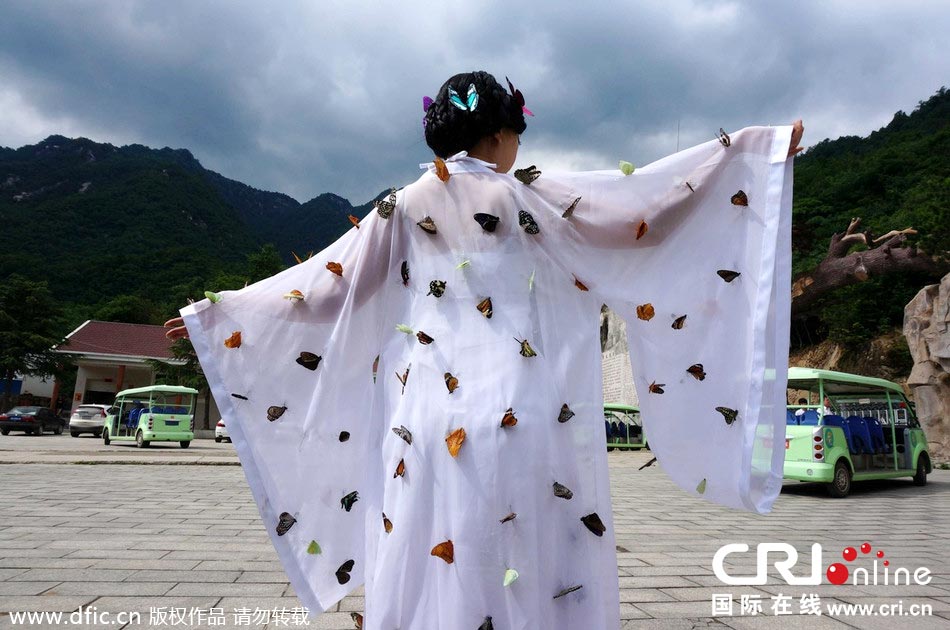 “蝴蝶仙子”身穿上百只剛剛扎死的蝴蝶。圖片來源：老祝/東方IC