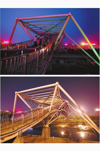 花園路西側(cè)東風(fēng)渠景觀橋，上圖攝于7月31日晚間，下圖攝于10月9日晚間。