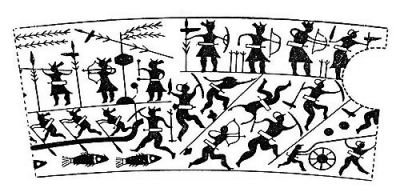 衛(wèi)輝市山彪鎮(zhèn)發(fā)掘出的戰(zhàn)國(guó)水陸攻戰(zhàn)紋銅鑒，上面有古人乘舟水戰(zhàn)的場(chǎng)面。